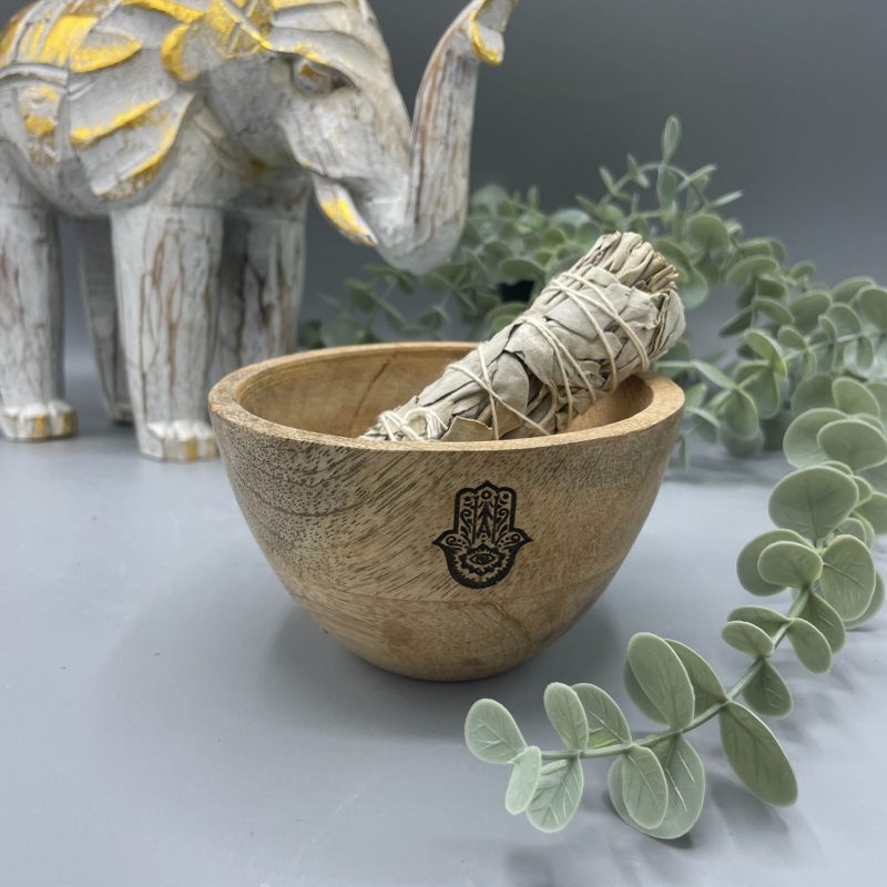 Wooden Smudge and Ritual Offerings Bowl - Hamsa - 11x7cm