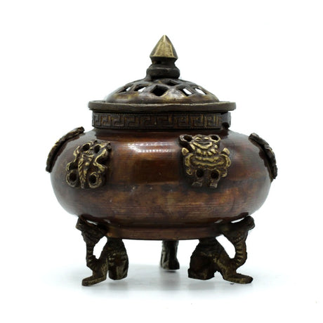 Brass Tibetan Incense Burner - Six Symbols Standing Pot