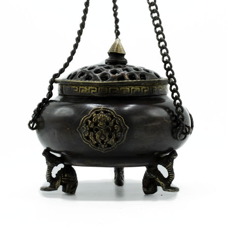 Lrg Brass Tibetan Burner - Four Symbol Hanging Pot