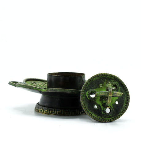 Brass Verdigris Tibetan Cone & Incense Holder - Eight Symbols