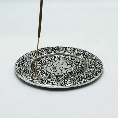 Polished Aluminium Om Round Incense Holder 11cm