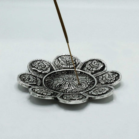 Polished Aluminium Tibetan Symbols Incense Holder 12cm