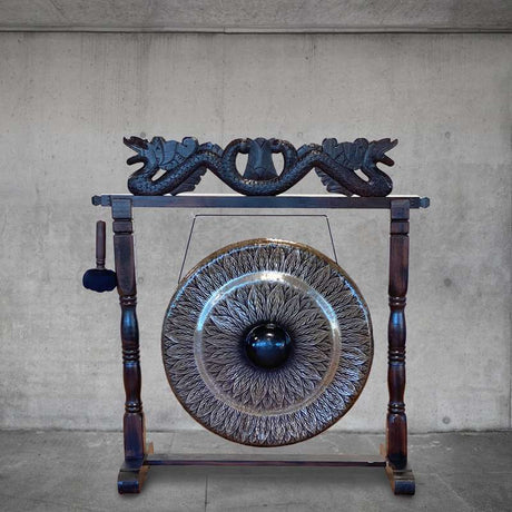 Large Gong in Brown Antique Stand - 80cm - Black - pattern