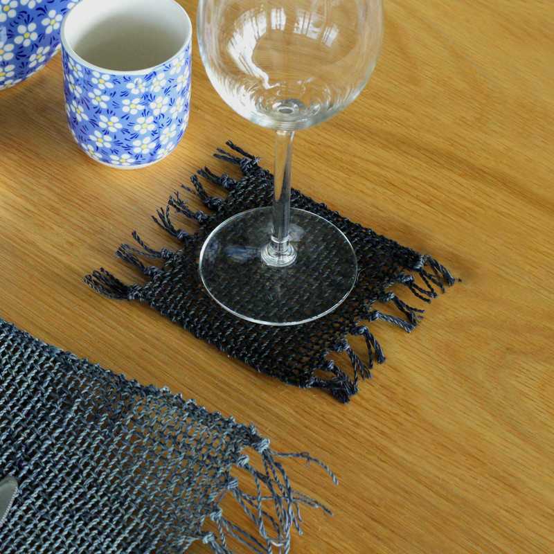 Set of 4 Seagrass Fringe Natural Coasters - Black