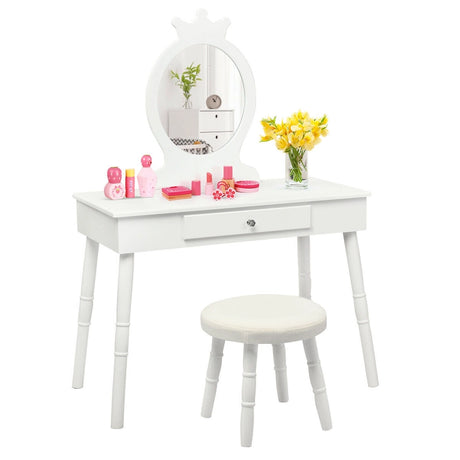 Vanity Makeup Table Set with Real Mirror for Little Girls White