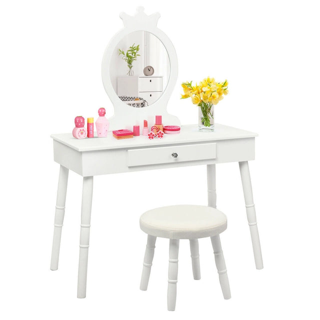 Vanity Makeup Table Set with Real Mirror for Little Girls White