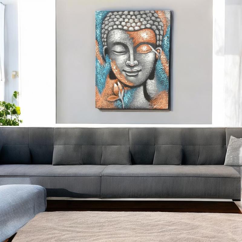 Buddha Painting - Silver & Rose Gold Flower 75x55cm