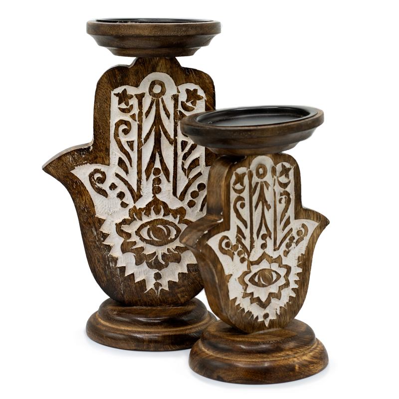 Mango Wood Candle Stand - Hamsa - Large