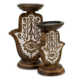 Mango Wood Candle Stand - Hamsa - Small