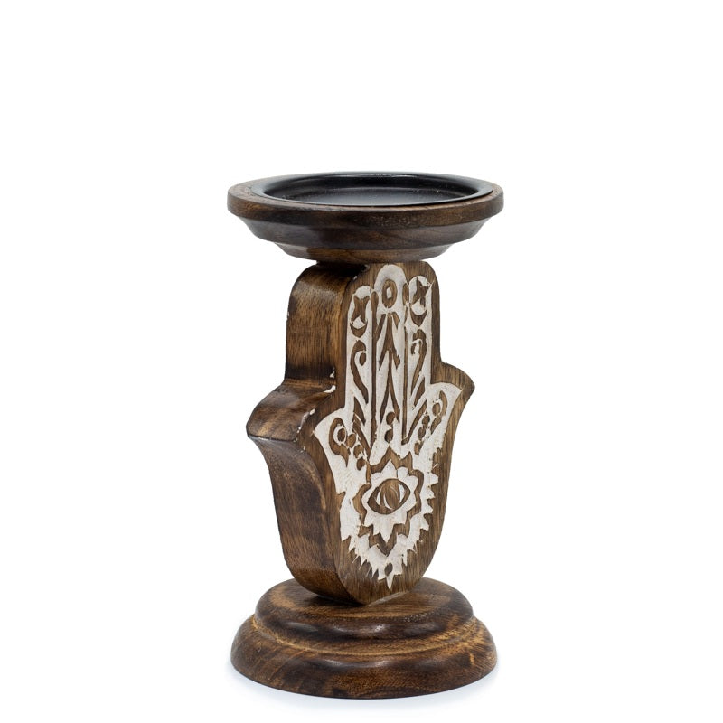 Mango Wood Candle Stand - Hamsa - Small