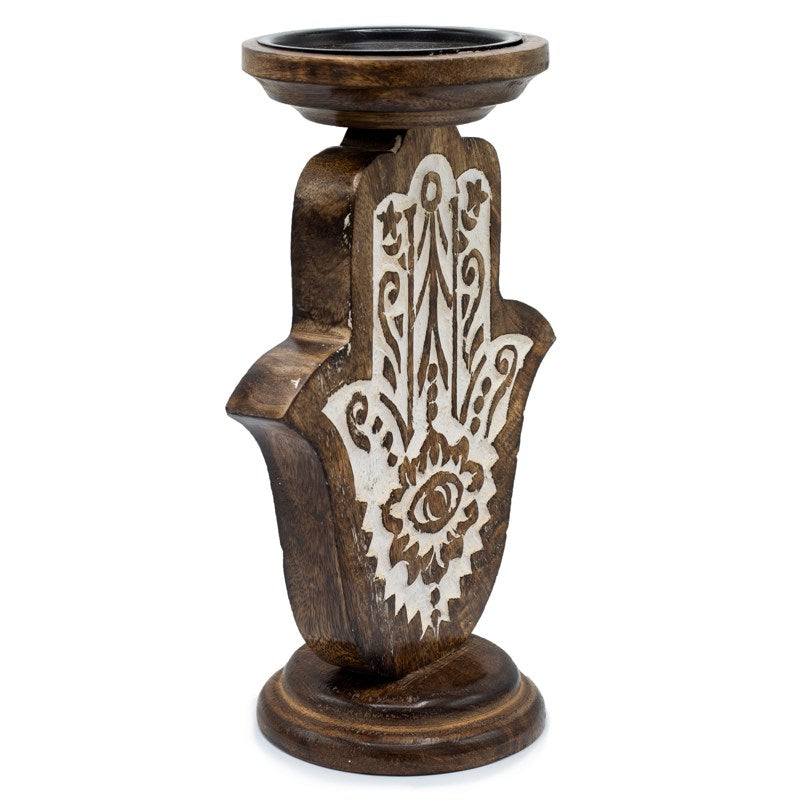 Mango Wood Candle Stand - Hamsa - Large