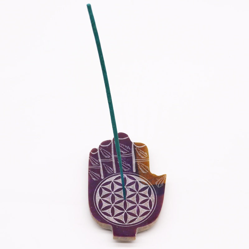 Soapstone Med Hamsa Incense Holder - Flower of Life