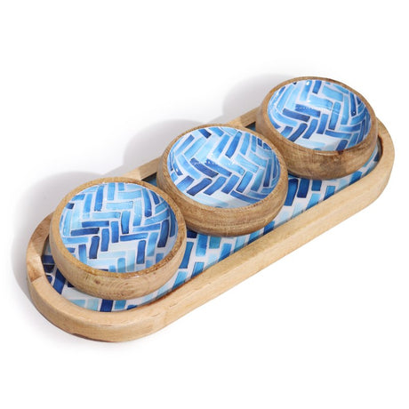 Mango Wood Tray with 3 Bowls - Blue Stripes