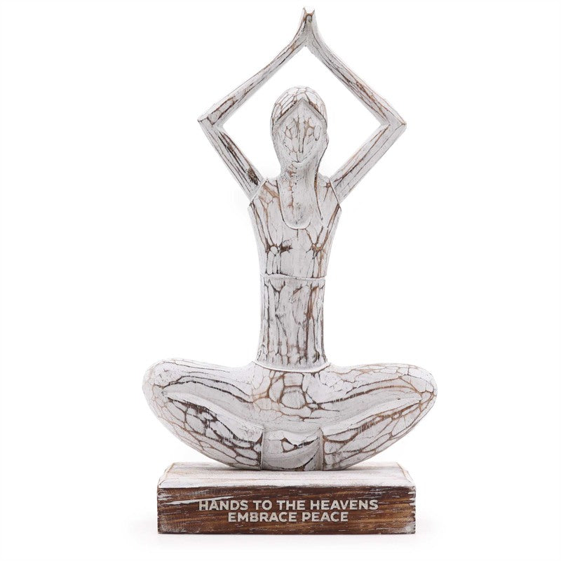 Wooden Yoga Lady - Whitewash - Hands Up Pose - "Hands to the Heavens Embrace Peace"