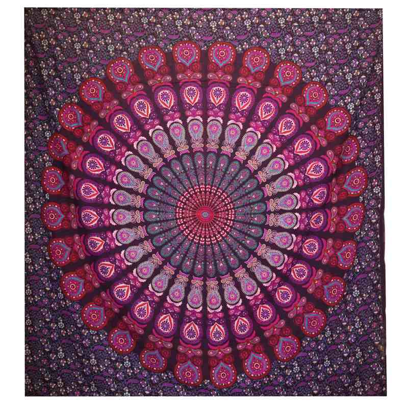 Double Cotton Bedspread + Wall Hanging - Peacock Mandala - Purple