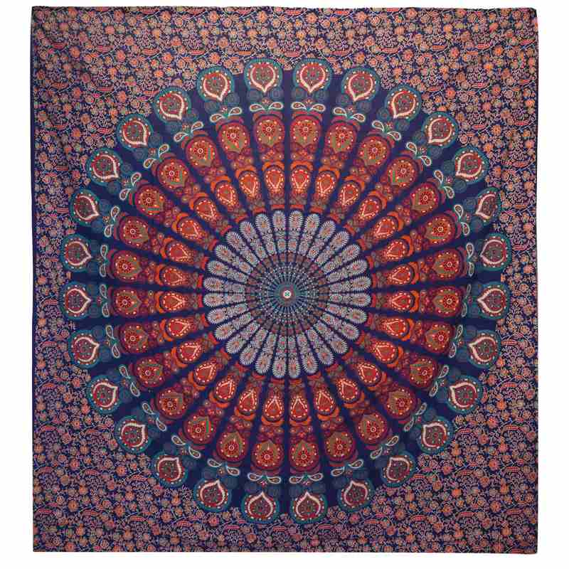 Double Cotton Bedspread + Wall Hanging - Peacock Mandala - Blue