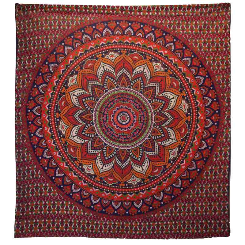 Double Cotton Bedspread + Wall Hanging - Classic Mandala - Orange / Blue