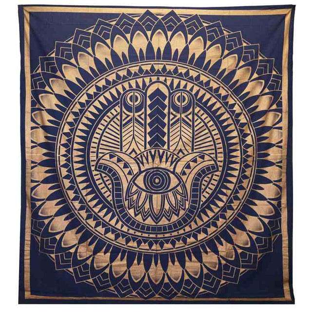 Double Cotton Bedspread + Wall Hanging - Hamsa - Blue Gold