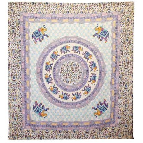 Wall Hanging / Spread - Elephant Mandala - Turquoise/Blue on Cream