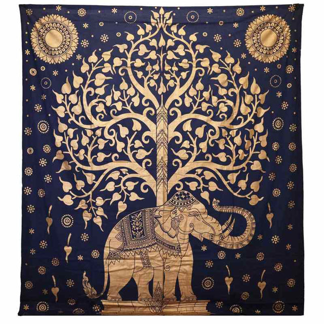 Double Cotton Bedspread + Wall Hanging - Elephant & Tree - Blue Gold