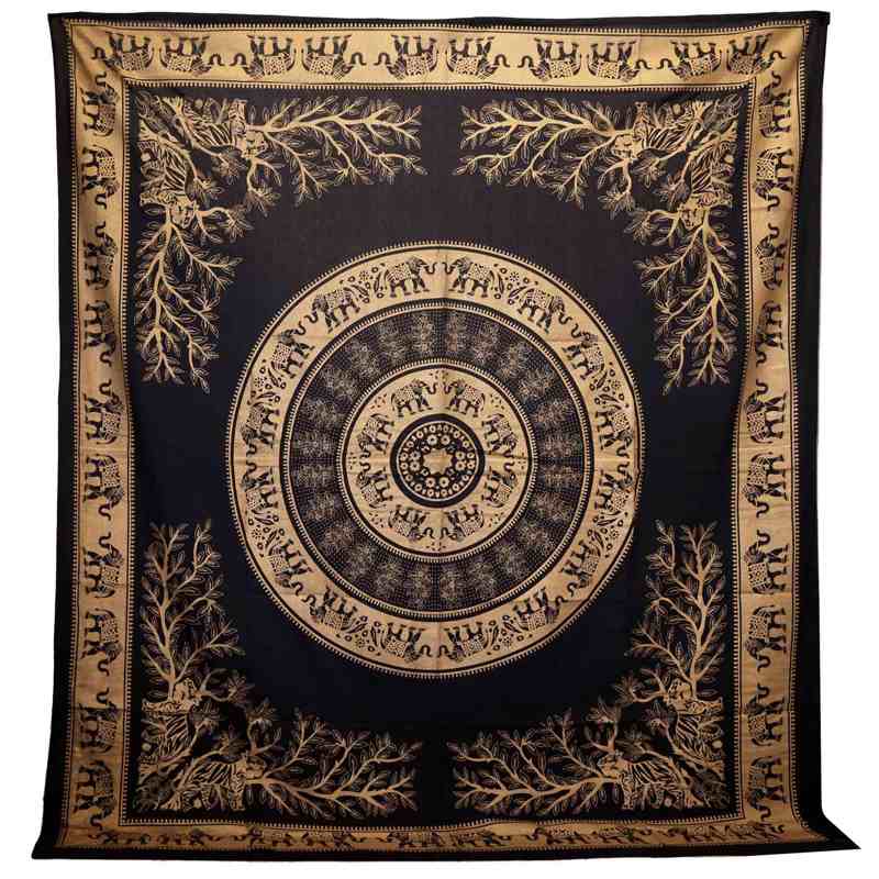 Double Cotton Bedspread + Wall Hanging - Elephant Jungle - Black Gold