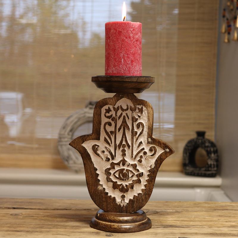 Mango Wood Candle Stand - Hamsa - Large