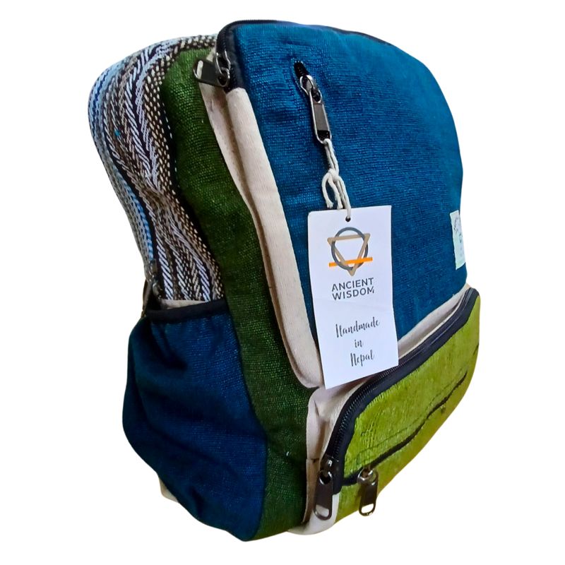 Large Boxy Hemp Backpack - Teal & Sage