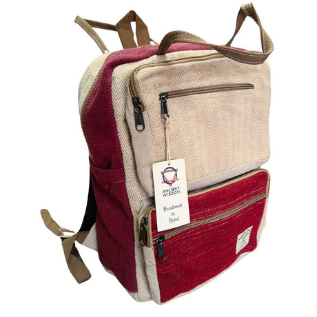 Large Boxy Hemp Backpack - Wine & Cream