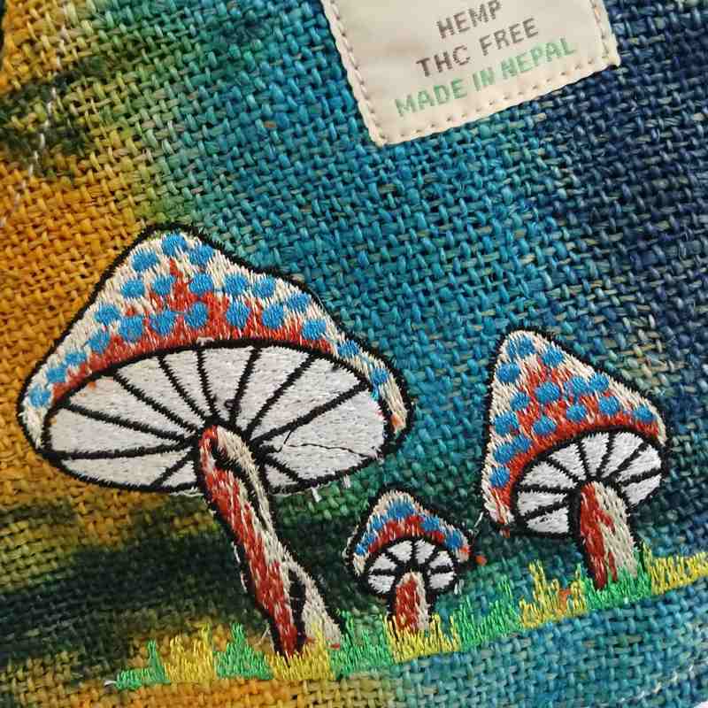 Hemp Embroidery Mushroom Party Bag - Green Mushrooms