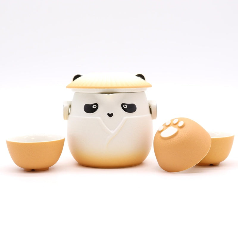 Panda Teapot Set & Three Cups - Orange