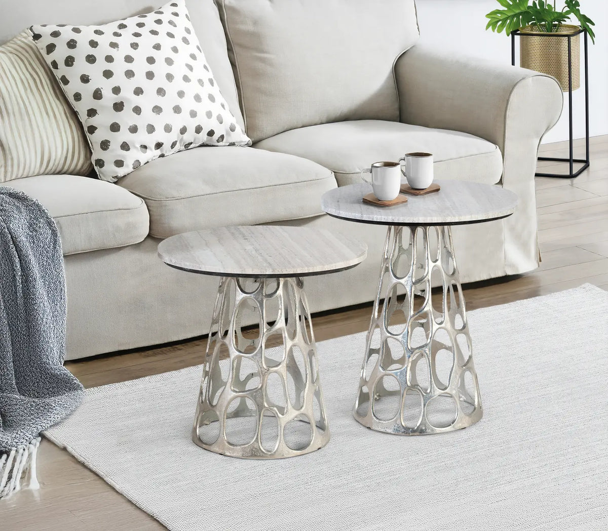 Giner and Colomer - Set Of 2 Circular Marble & Nickel Aluminum Coffee Tables