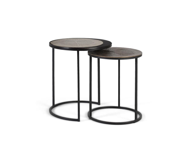 Giner and Colomer - Set Of 2 Round End Tables With Gold & Silver Leaf Relief