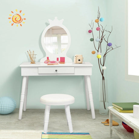 Vanity Makeup Table Set with Real Mirror for Little Girls White