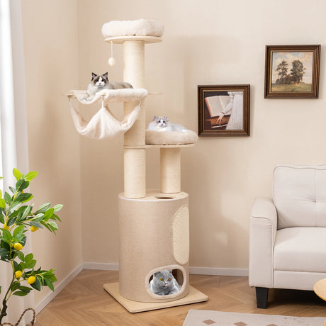 187cm Tall Wooden Cat Tower Tree with Sisal and Washable Cushions-Natural