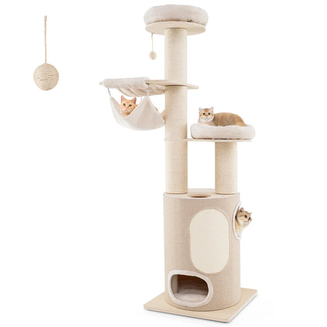 187cm Tall Wooden Cat Tower Tree with Sisal and Washable Cushions-Natural