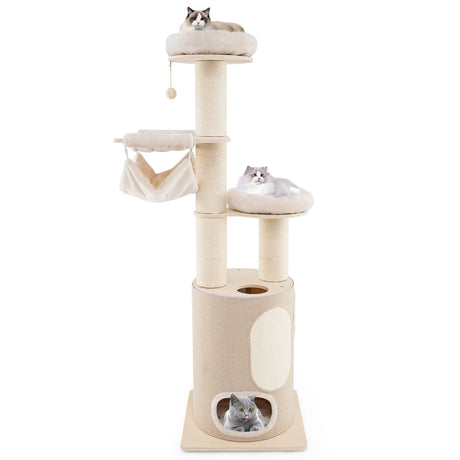 187cm Tall Wooden Cat Tower Tree with Sisal and Washable Cushions-Natural