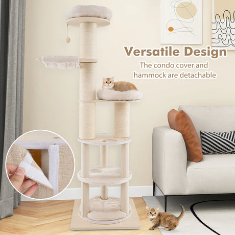 187cm Tall Wooden Cat Tower Tree with Sisal and Washable Cushions-Natural