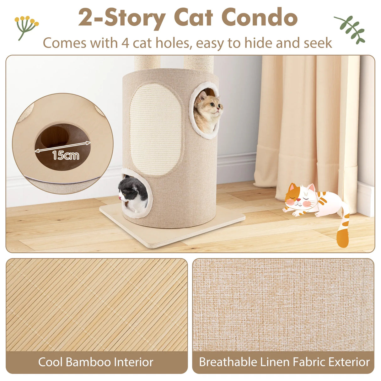 187cm Tall Wooden Cat Tower Tree with Sisal and Washable Cushions-Natural