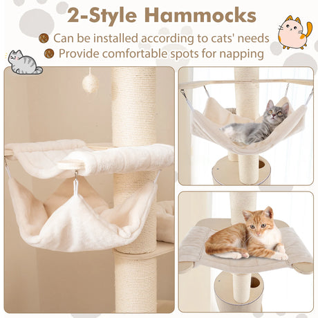 187cm Tall Wooden Cat Tower Tree with Sisal and Washable Cushions-Natural