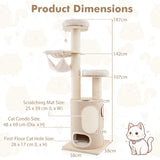 187cm Tall Wooden Cat Tower Tree with Sisal and Washable Cushions-Natural
