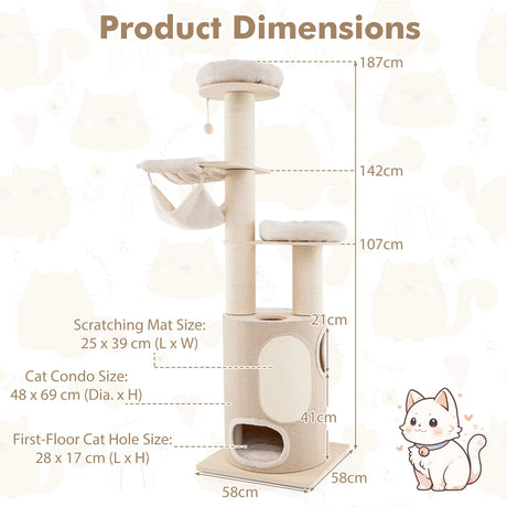 187cm Tall Wooden Cat Tower Tree with Sisal and Washable Cushions-Natural