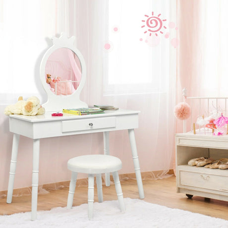 Vanity Makeup Table Set with Real Mirror for Little Girls White