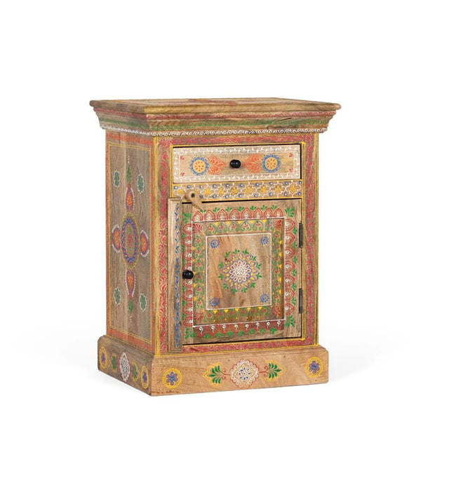 Giner and Colomer - Mango Wood Bedside Table (1 Drawer, 1 Door) With Hand-Painted Details