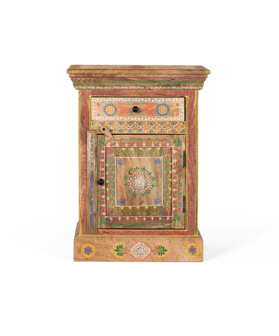 Giner and Colomer - Mango Wood Bedside Table (1 Drawer, 1 Door) With Hand-Painted Details
