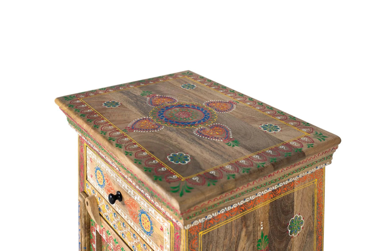 Giner and Colomer - Mango Wood Bedside Table (1 Drawer, 1 Door) With Hand-Painted Details