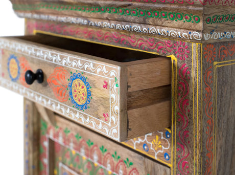 Giner and Colomer - Mango Wood Bedside Table (1 Drawer, 1 Door) With Hand-Painted Details