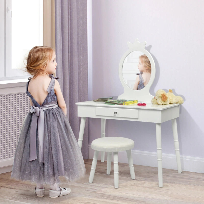Vanity Makeup Table Set with Real Mirror for Little Girls White