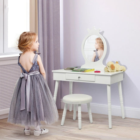 Vanity Makeup Table Set with Real Mirror for Little Girls White