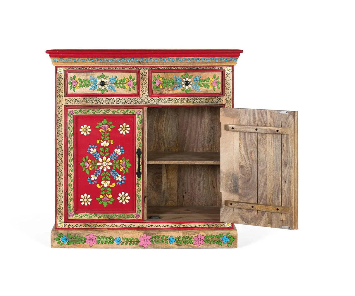 Giner and Colomer - Mango Wood Sideboard (2 Doors, 2 Drawers) With Hand-Painted Floral Accents