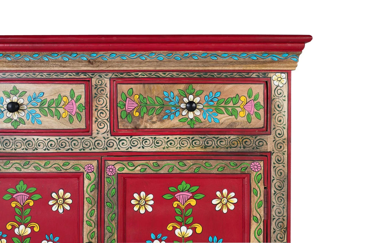 Giner and Colomer - Mango Wood Sideboard (2 Doors, 2 Drawers) With Hand-Painted Floral Accents